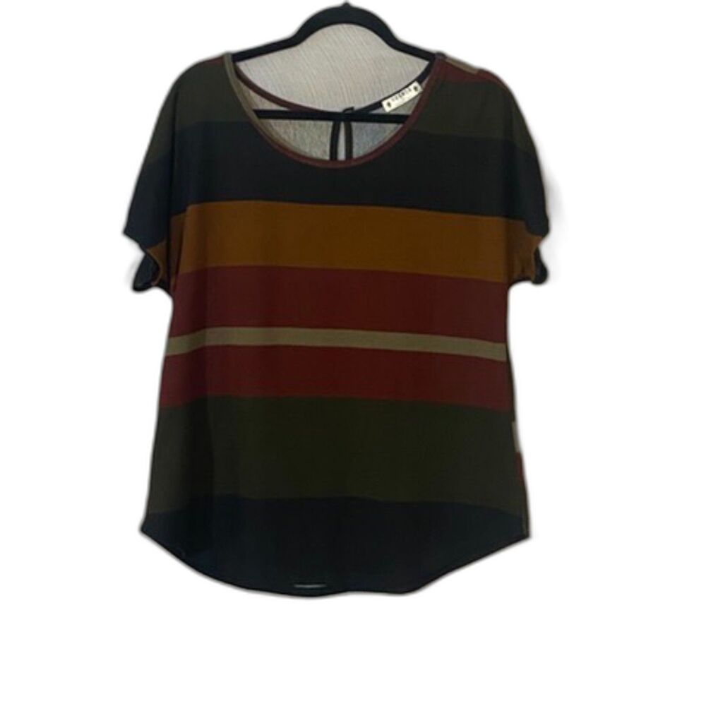 Agenda Women's Large Striped Top Olive Rust Black Short Sleeve Keyhole Top